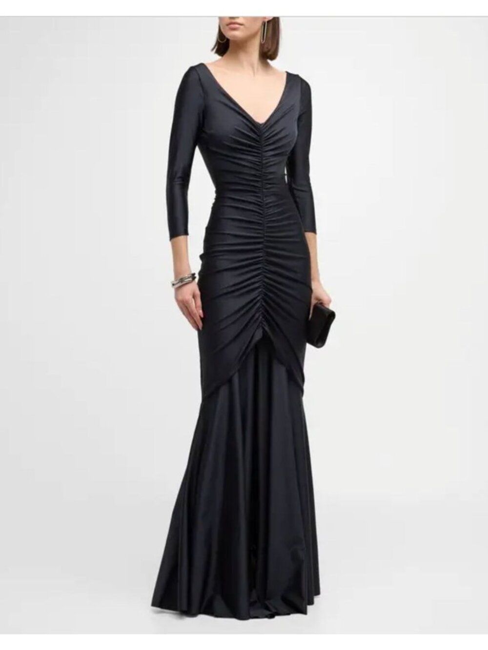 Chiara Boni La Petite Robe Ruched Front Slit Mermaid Gown Black 50 US 12